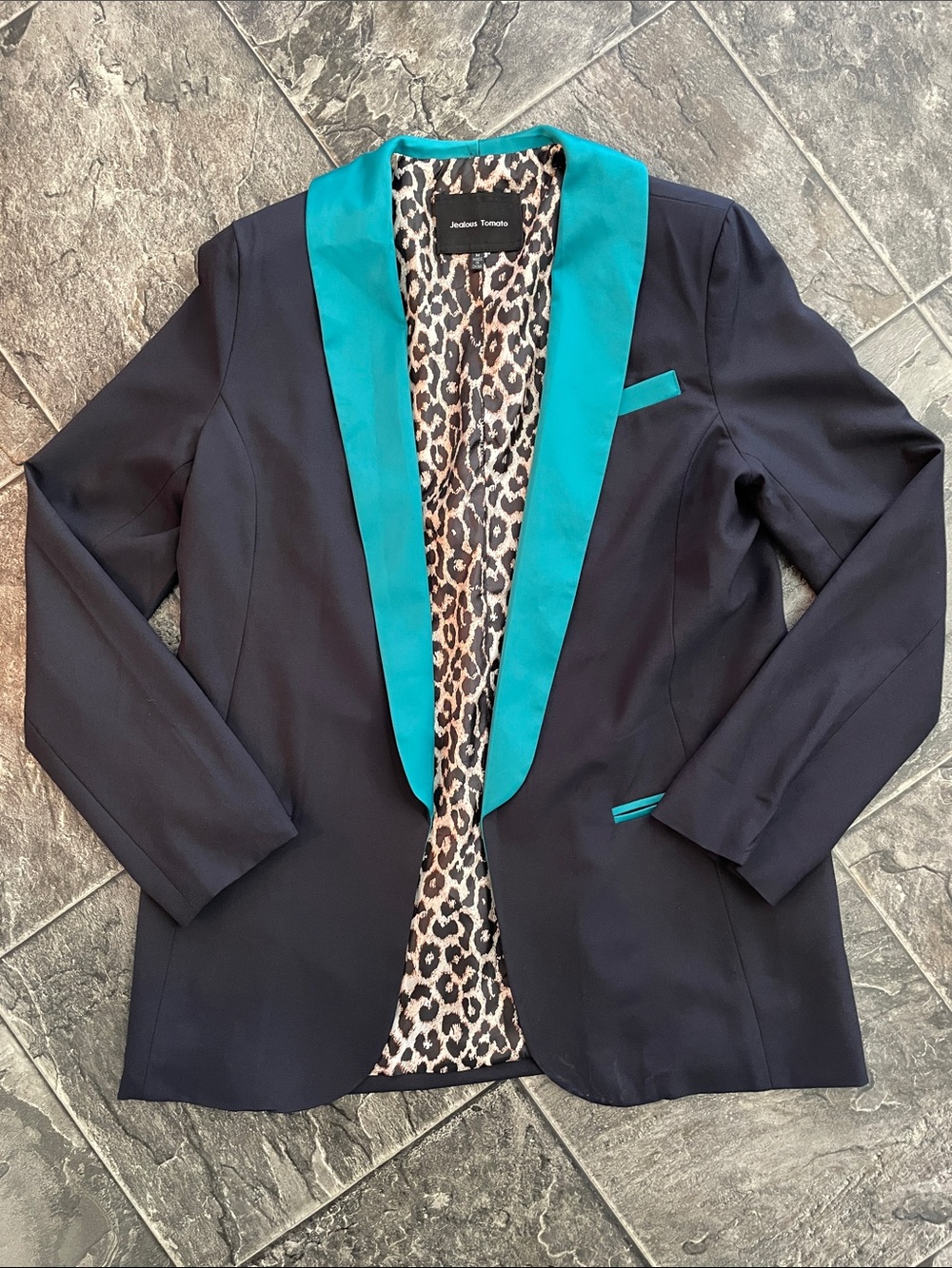 JEALOUS TOMATO Deep Navy Blazer w Teal Satin Trim Business Office Event Classic